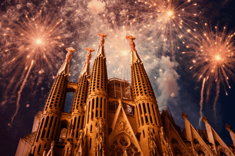 Fireworks over the Sagrada Familia during New Year’s Eve in Barcelona, celebrating the Mediterranean winter season.